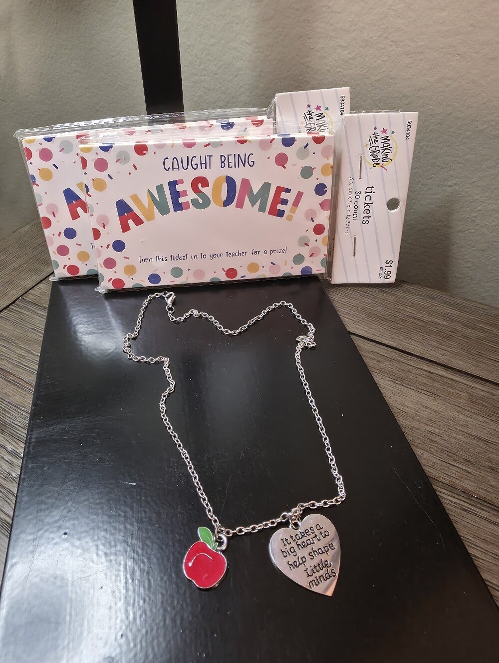 Silver Teacher Necklace with Red Apple Charm and Heart Pendant